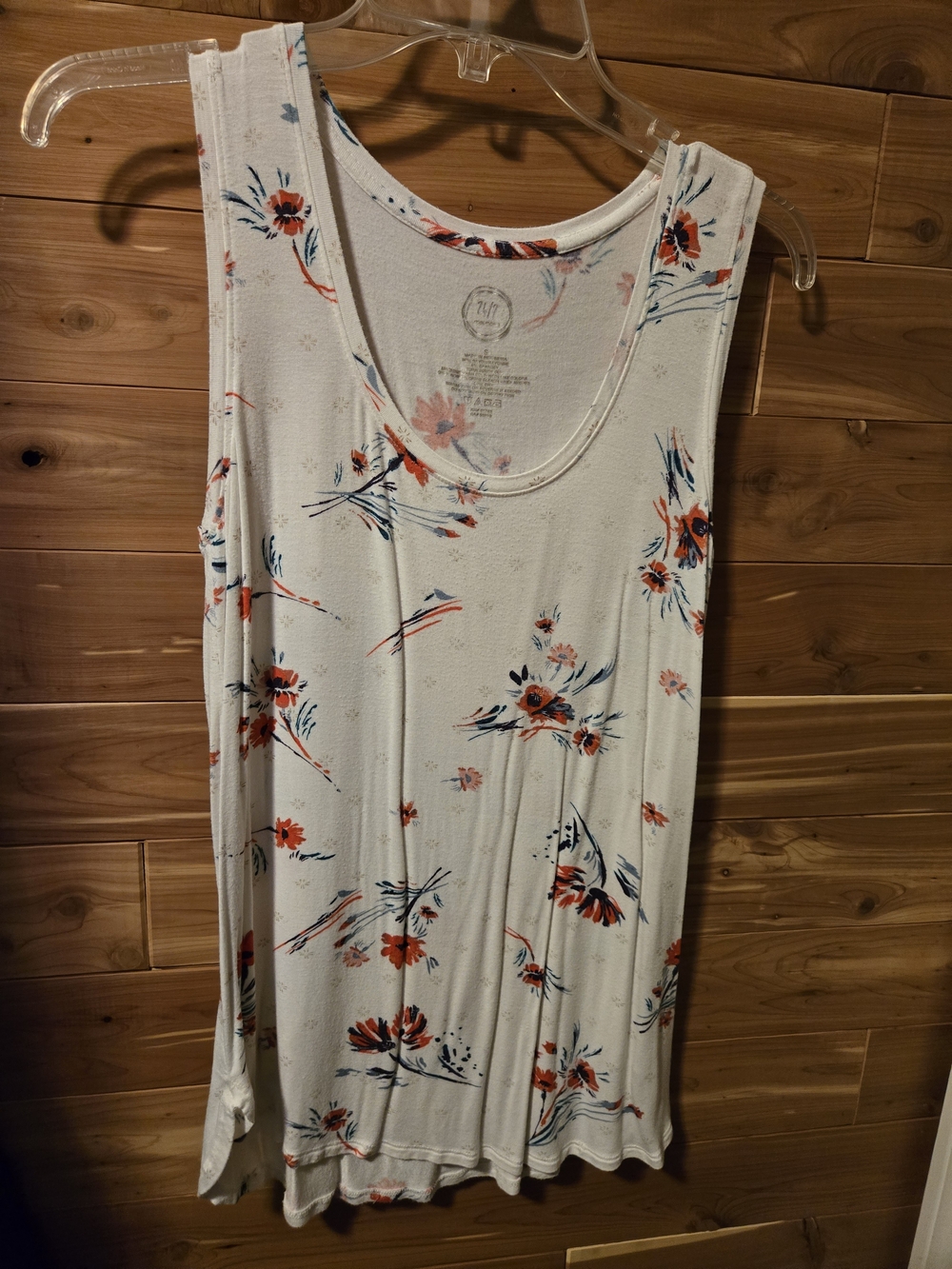 Floral Scoop Neck Tank Top — Cream with Coral & Navy Flowers